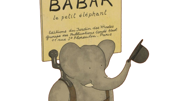 Ein gemalter Elefant mit Hut und Plakat mit der französischen Aufschrift "Histoire de Barbar"