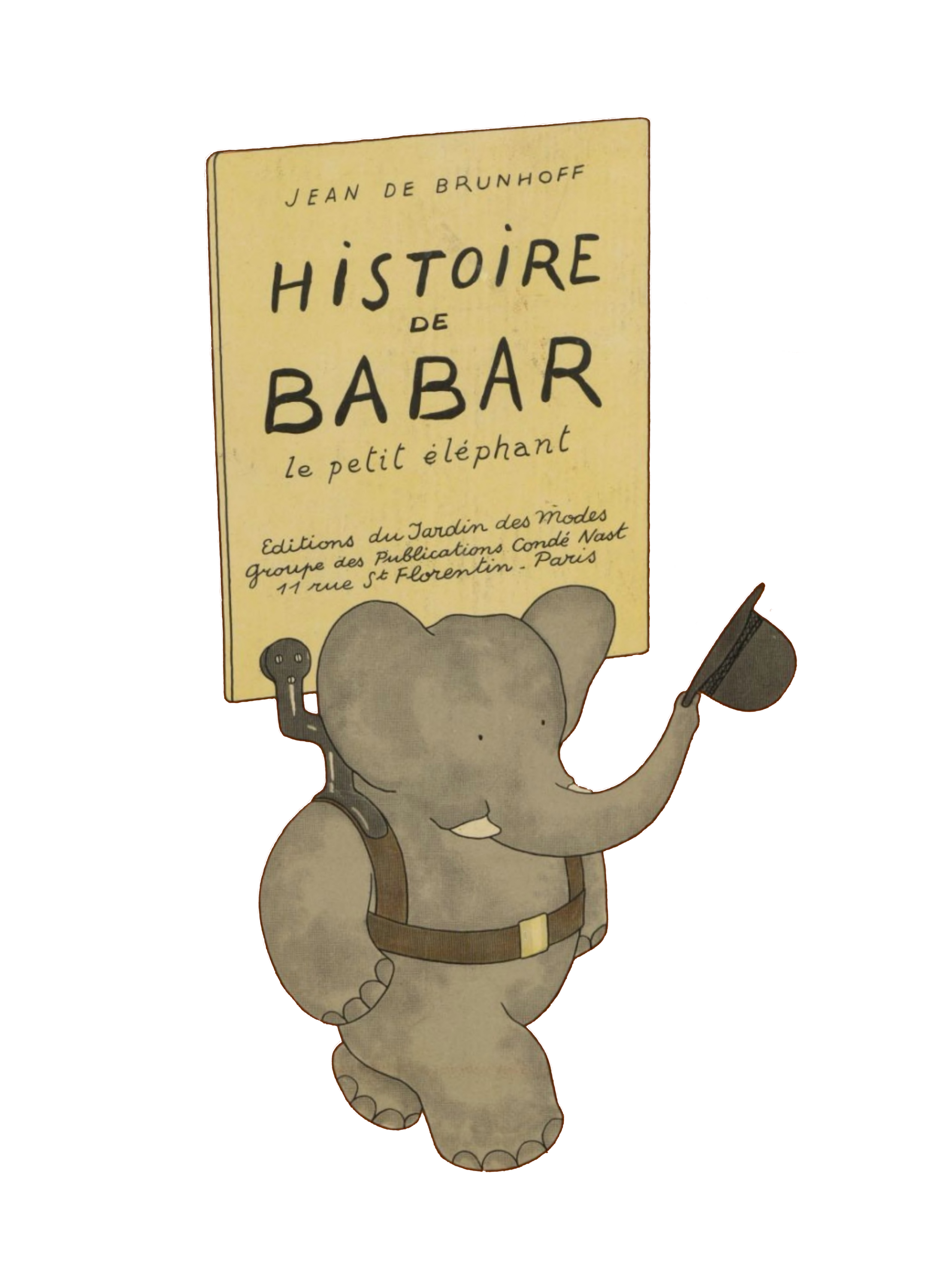 Ein gemalter Elefant mit Hut und Plakat mit der französischen Aufschrift "Histoire de Barbar"
